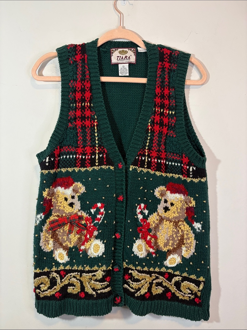 VTG Tacky Christmas Sweater Vest Teddy Bear Tartan Plaid Brocade Metallic Beaded